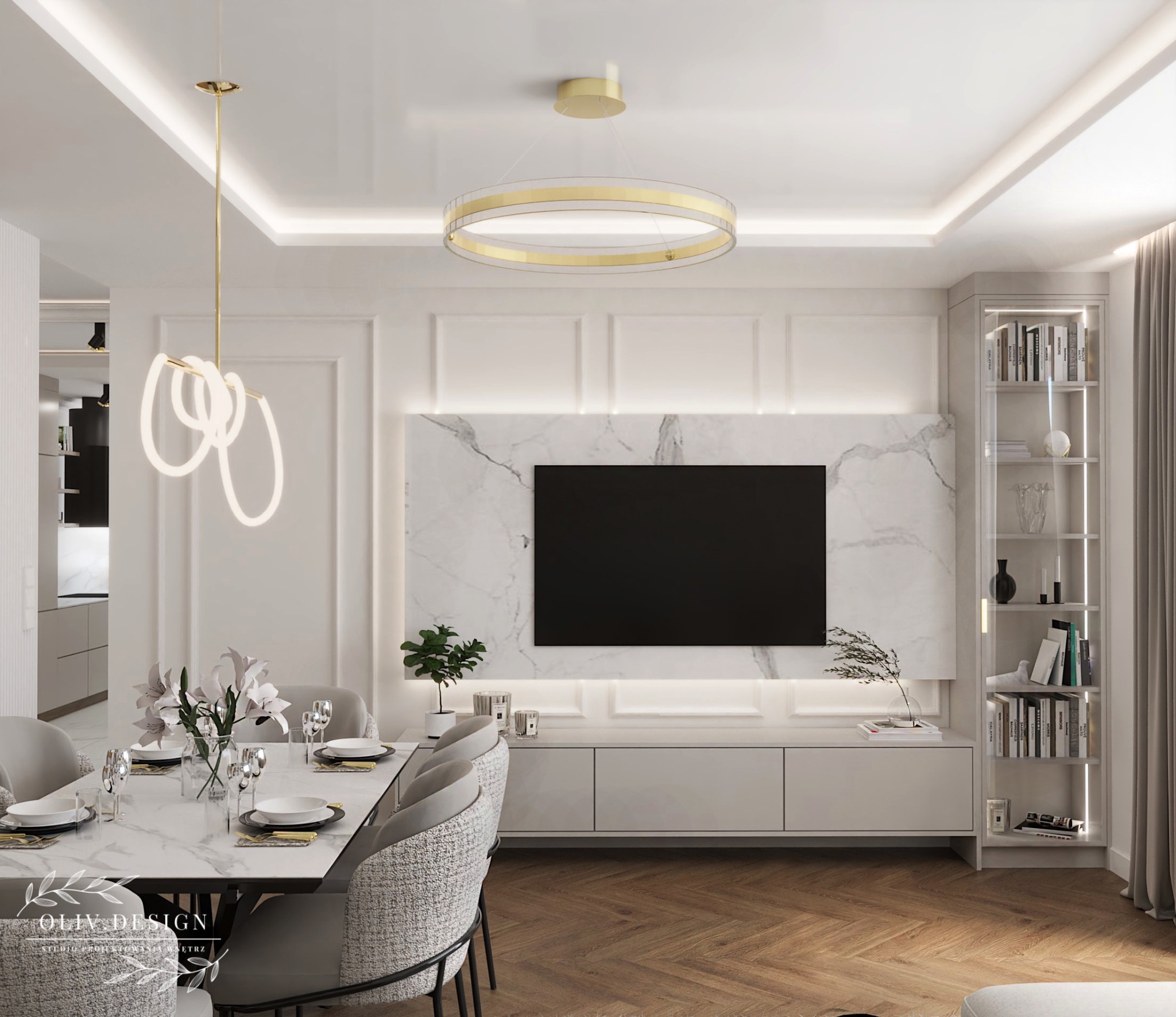 Elegancka jadalnia z marmurowym stołem, krzesłami w odcieniach szarości, podwieszanym oświetleniem LED i ścianą z telewizorem na tle marmuru, uzupełniona regałem z książkami.