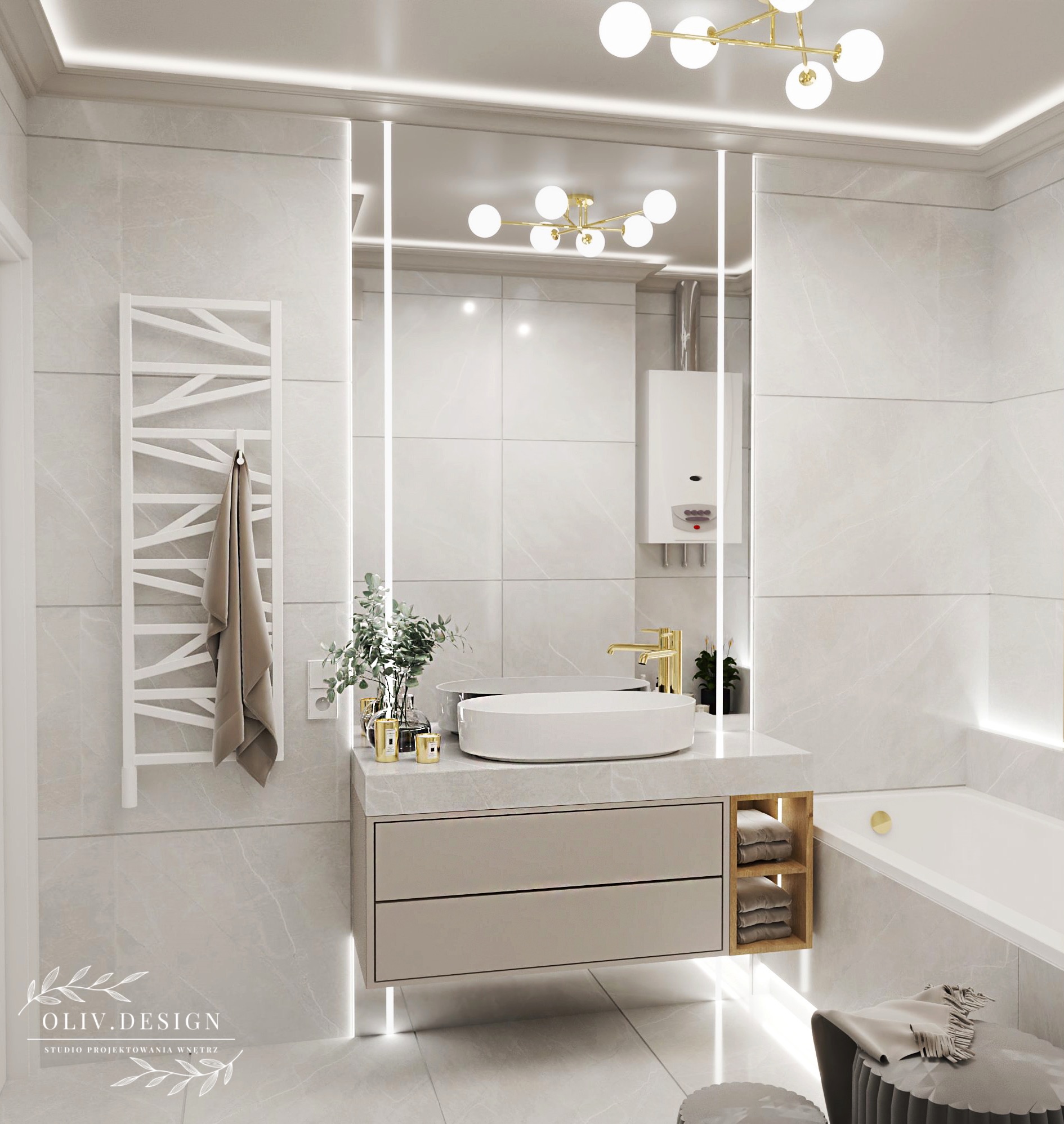 Elegancka łazienka w odcieniach szarości z marmurowymi płytkami, podświetlanym lustrem, wiszącą szafką z umywalką nablatową, grzejnikiem drabinkowym na ręczniki i złotą armaturą oraz lampą sufitową.