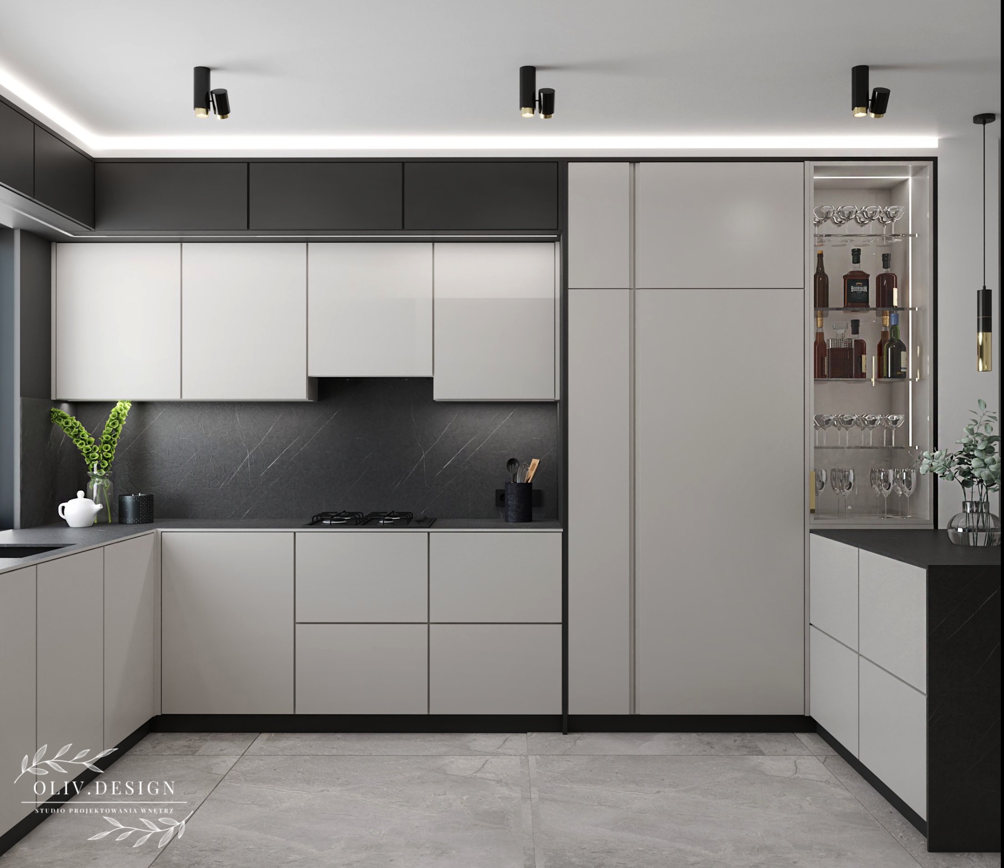 Nowoczesna kuchnia z białymi frontami szafek, czarnym blatem z marmurowym wzorem i szklaną witryną z alkoholami i kieliszkami.