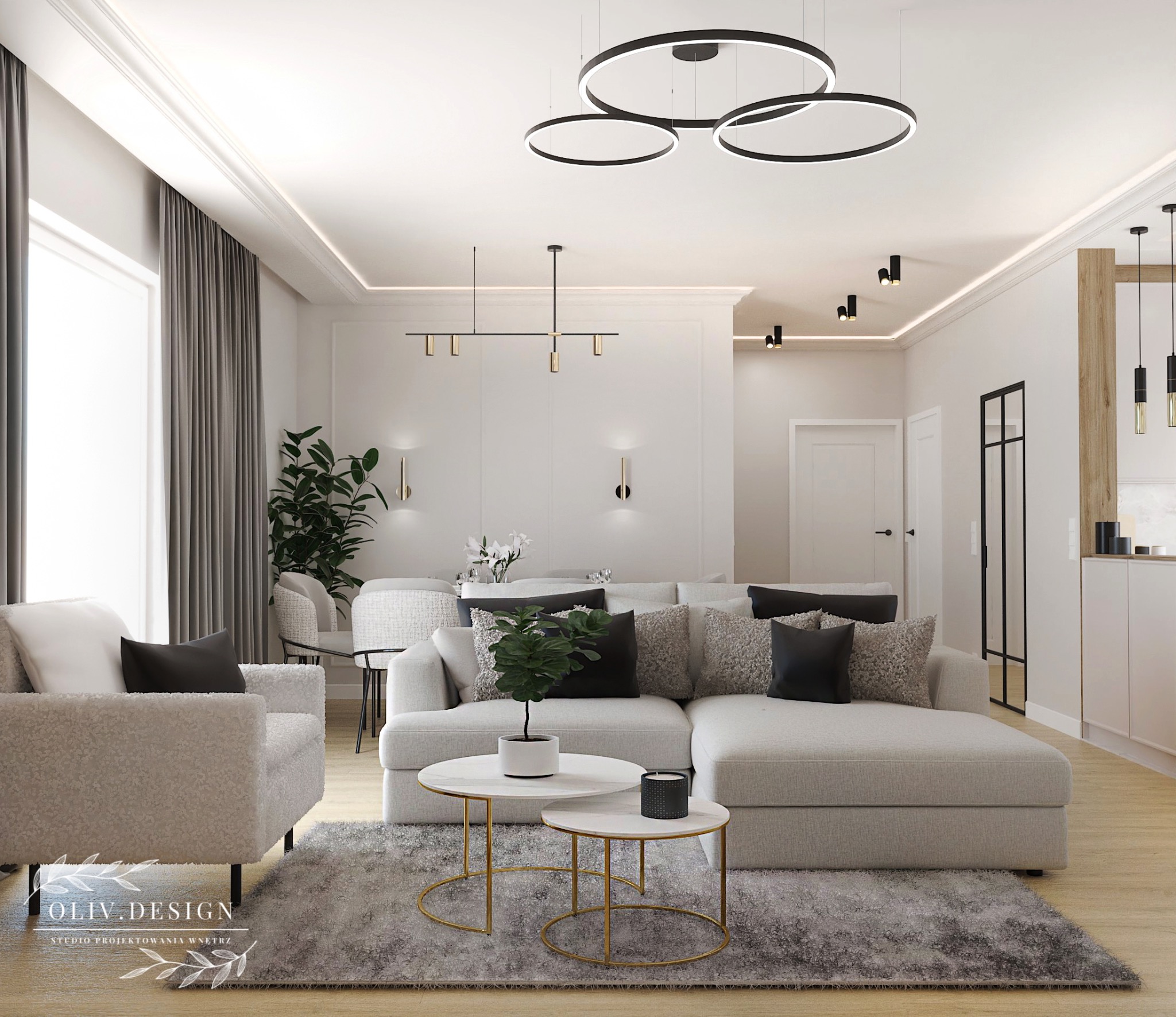 Jasny salon z narożnikiem, okrągłymi stolikami kawowymi i nowoczesnym oświetleniem, widoczne logo studia projektowania wnętrz w rogu.