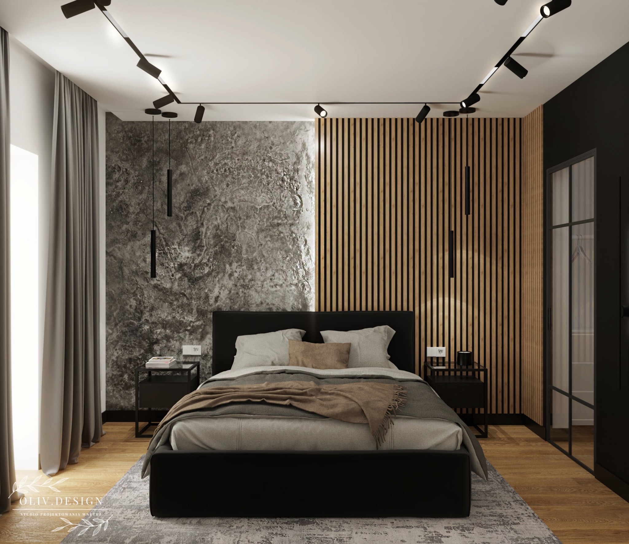 Nowoczesna sypialnia w Radomiu z łóżkiem na niskiej platformie, betonową ścianą i drewnianymi lamelami, oświetlenie punktowe i wiszące lampy, minimalistyczne szafki nocne.