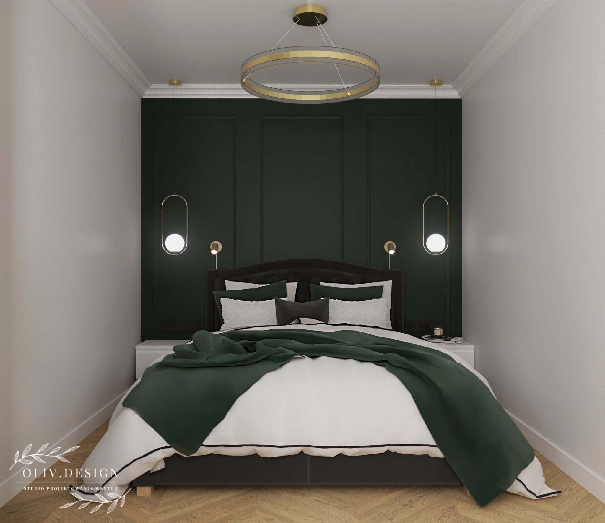 Sypialnia w stylu minimalistycznym z ciemnozieloną ścianą, okrągłym złotym żyrandolem i łóżkiem z narzutą w tym samym odcieniu zieleni.