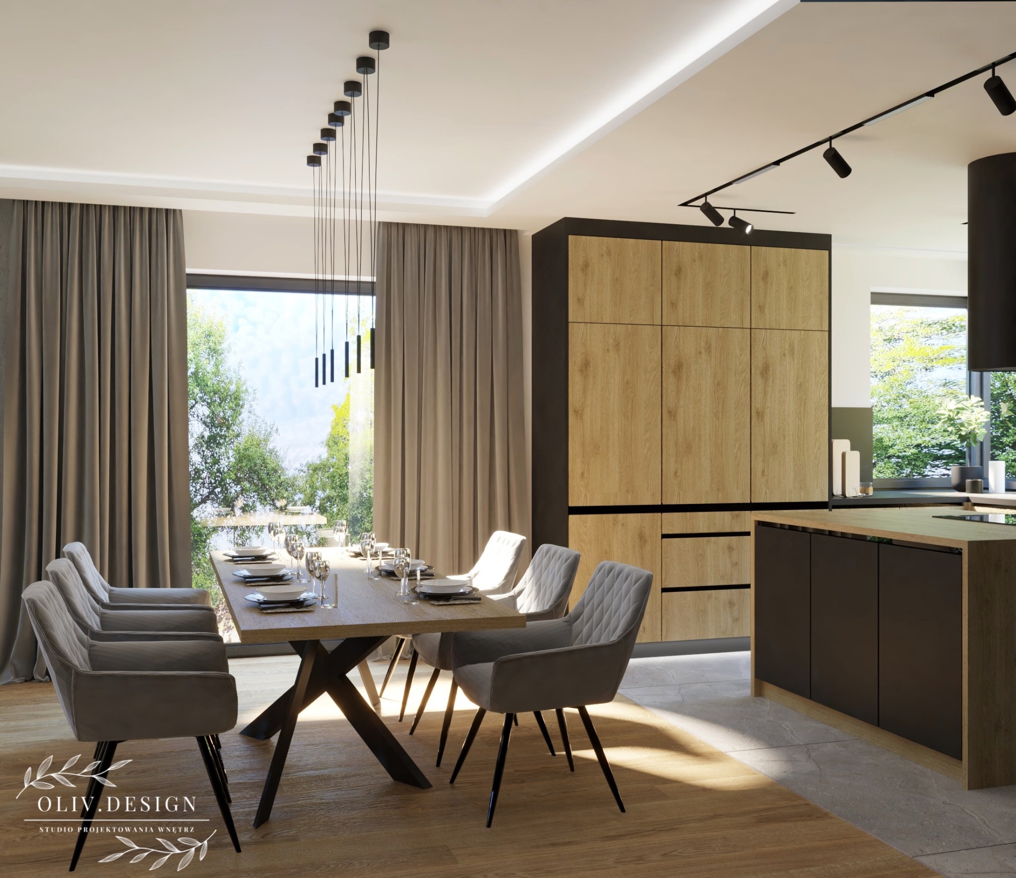 Wizualizacja jadalni z dużym oknem, drewnianym stołem na metalowej podstawie, krzesłami tapicerowanymi w kolorze szarym, zabudową kuchenną z drewnianymi frontami i czarnymi akcentami...