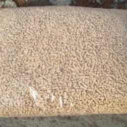 Duży przezroczysty worek wypełniony jasnymi, cylindrycznymi granulkami biopaliwa na betonowym podłożu z fragmentami ziemi w tle.