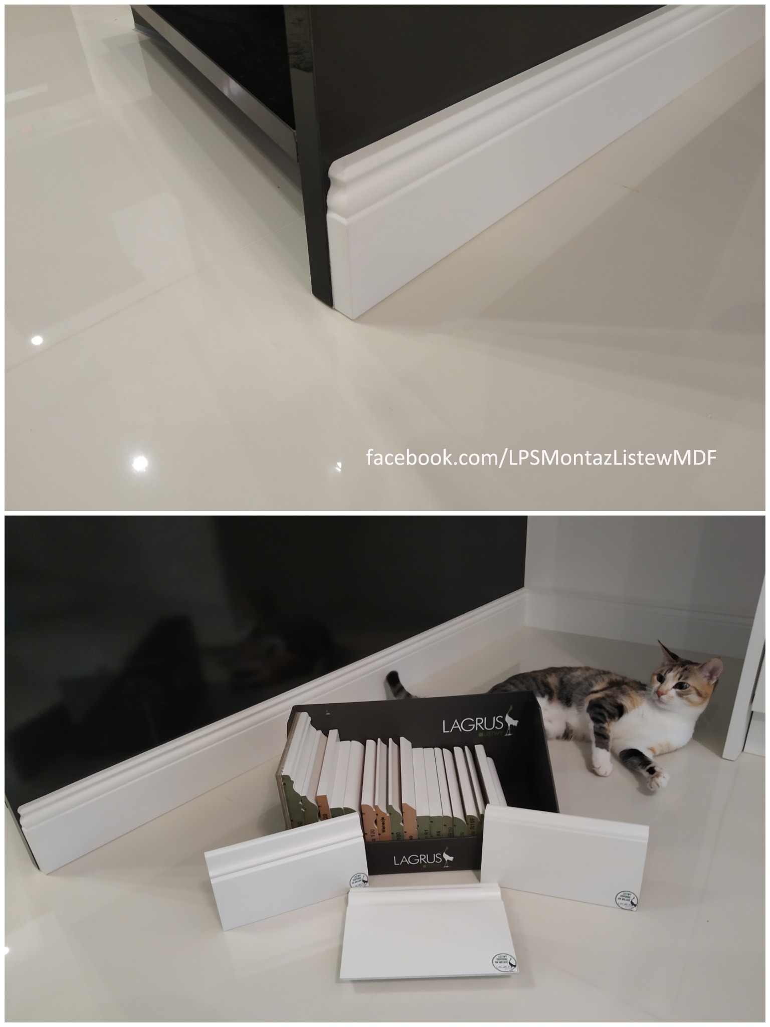 Białe listwy przypodłogowe zamontowane przy czarnym meblu na błyszczącej podłodze, obok karton z listwami marki Lagrus i leżący kot