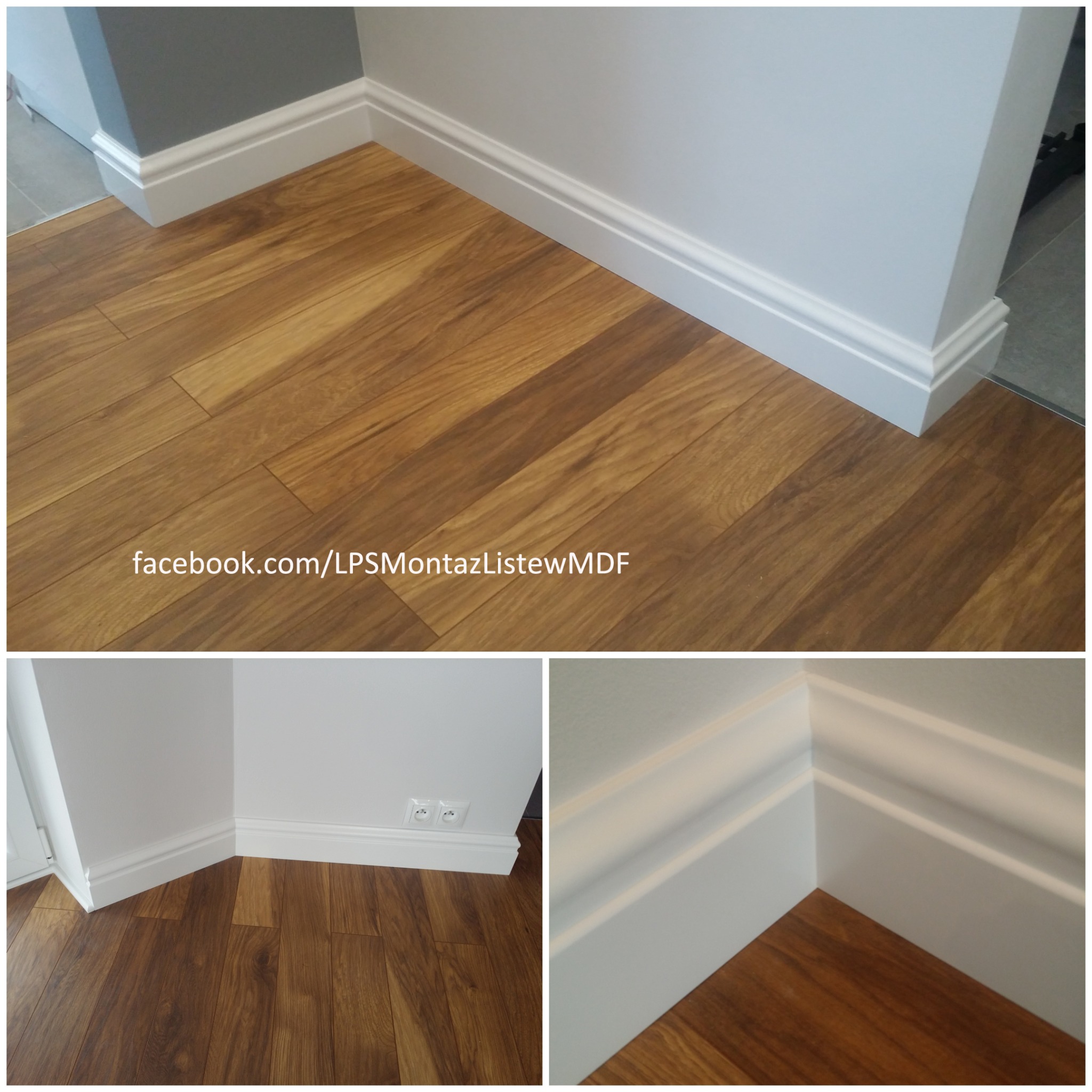 Montaż białych listew przypodłogowych MDF na brązowej podłodze panelowej, widoczne narożniki i fragment ściany w szarym i białym kolorze, na jednym ze zdjęć widoczne gniazdka elektryczne.