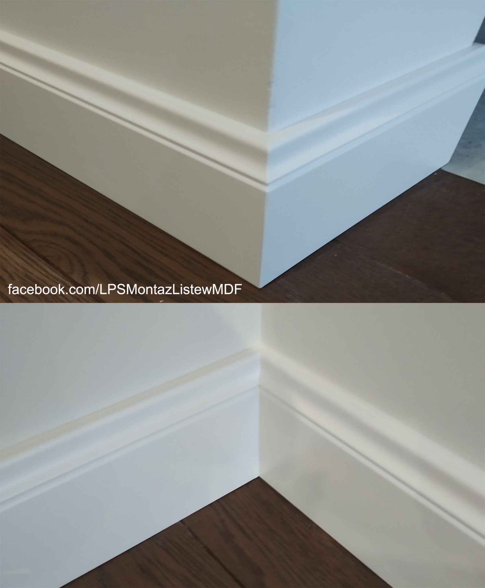 Szczegółowe ujęcie rogu ściany z zamontowaną białą listwą przypodłogową MDF na brązowej podłodze, widoczny adres facebook.com/LPSMontazListewMDF.