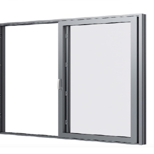 Szare okno przesuwne PCV z widocznymi okuciami i uchwytem, w pozycji otwartej, na białym tle.