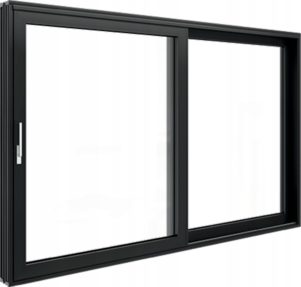 Czarna rama okienna przesuwna z dwiema szybami, widoczny srebrny uchwyt na lewej szybie, perspektywa z dołu.