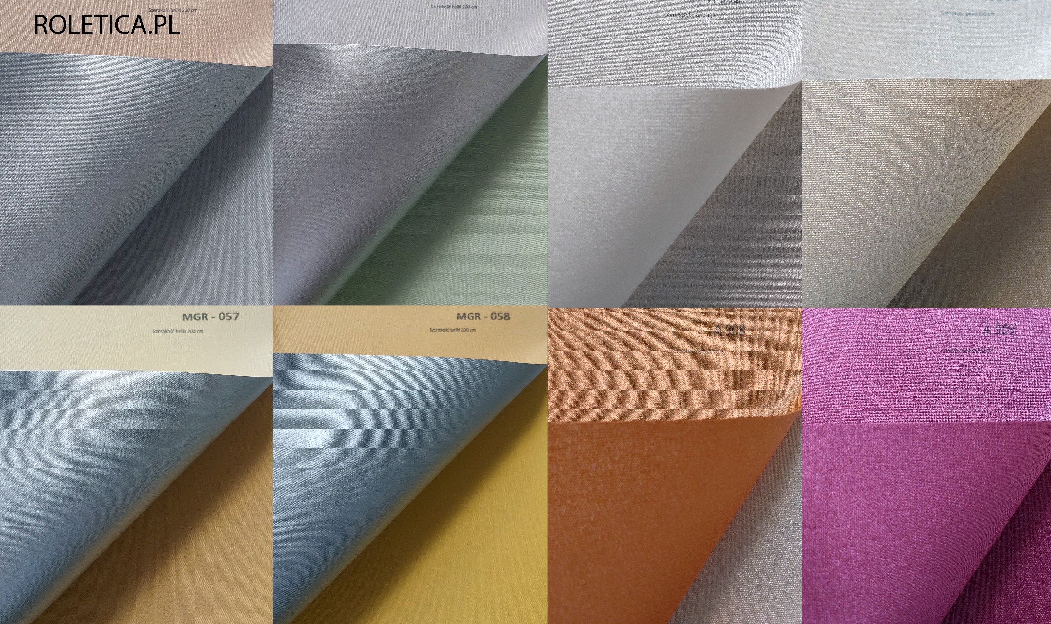 Próbki tkanin zaciemniających w różnych kolorach i fakturach, z widocznymi oznaczeniami szerokości belki, prezentowane w formie rozłożonych arkuszy.