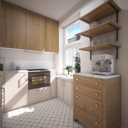 Yop Design - Jasna kuchnia z drewnianymi szafkami górnymi, białymi dolnymi, wzorzystą podłogą, półkami z akcesoriami, ekspresem do kawy na komodzie i piekarnikiem z włączonym oświetleniem wnętrza.