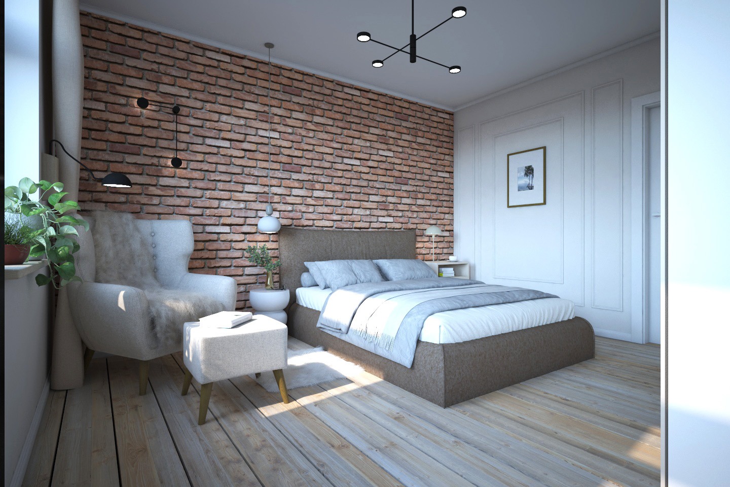 Sypialnia w stylu loft z ceglaną ścianą, jasnoszarym łóżkiem i fotelem typu uszak, drewniana podłoga z widocznymi słojami, nowoczesne oświetlenie.