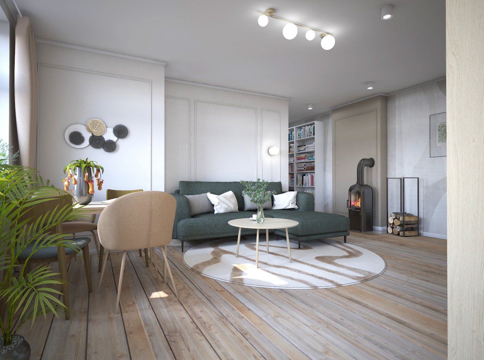 Jasne wnętrze mieszkania z drewnianą podłogą, zieloną sofą, okrągłym stolikiem kawowym i kominkiem wolnostojącym w tle, uzupełnione dekoracjami ściennymi i roślinami doniczkowymi.