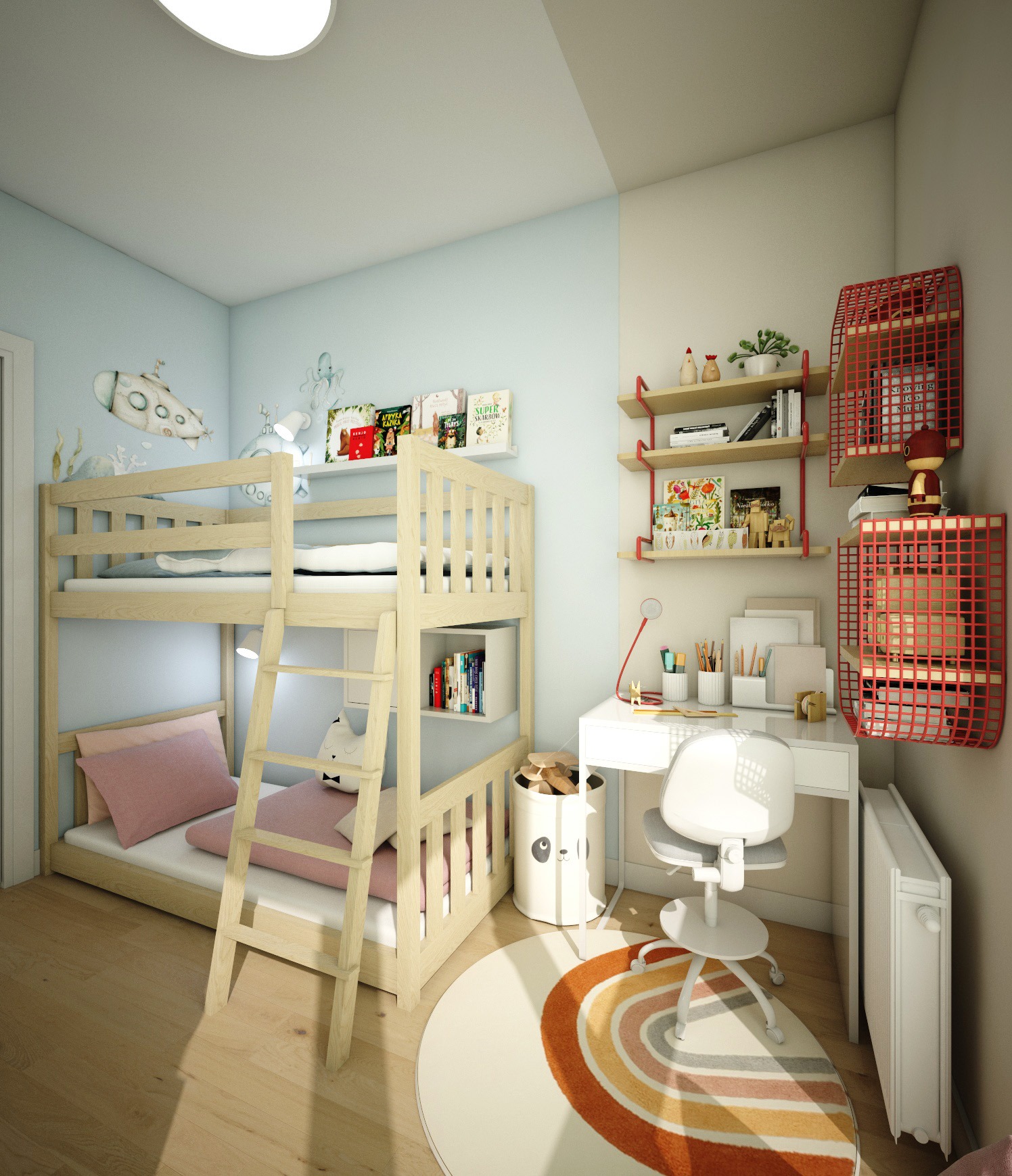 Pokój dziecięcy z drewnianym łóżkiem piętrowym, biurkiem z białym krzesłem na kółkach i dywanem w kształcie tęczy, dekorowany naklejkami z motywem morskim i półkami z książkami i zabawkami.