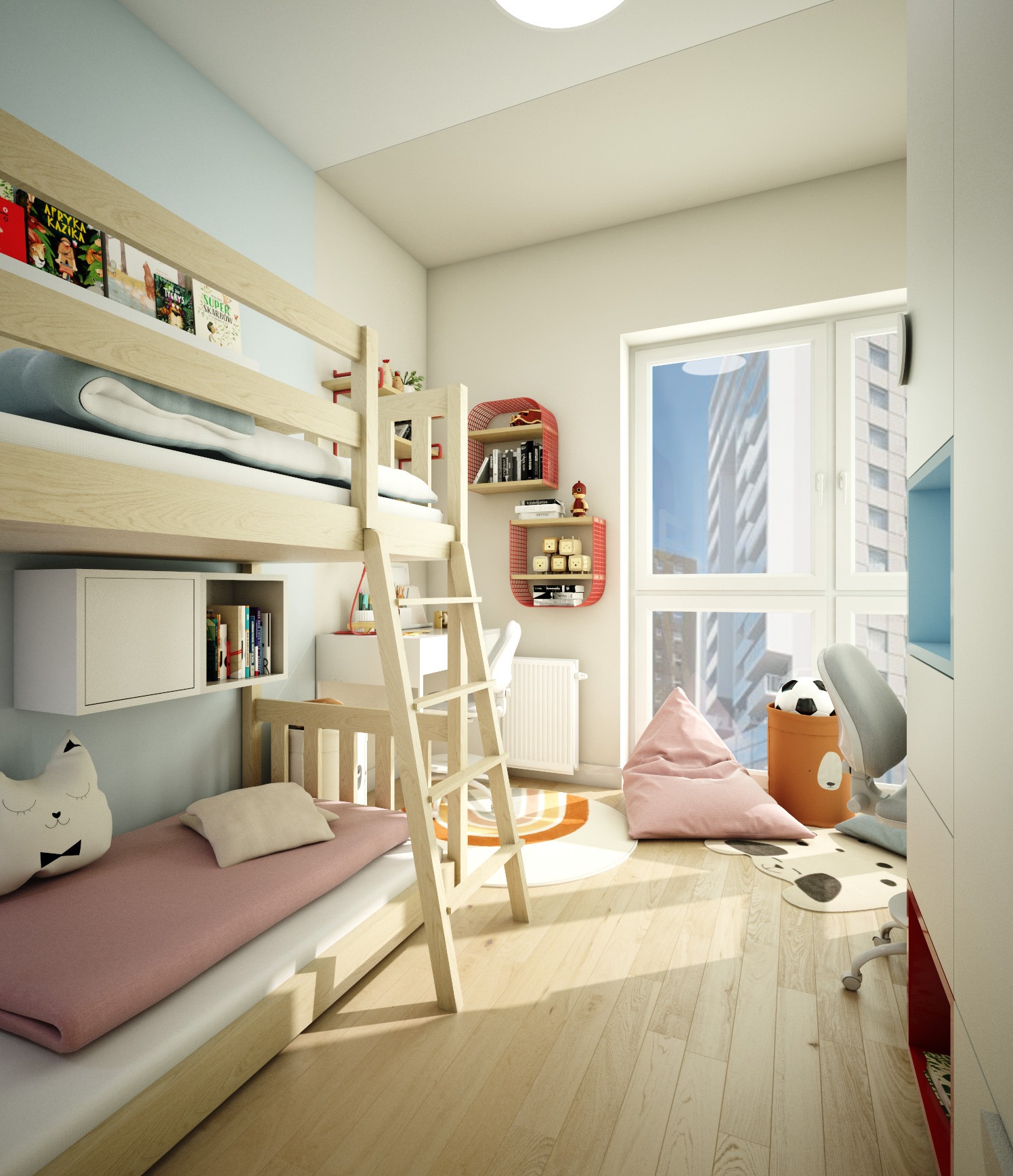 Pokój dziecięcy z łóżkiem piętrowym, biurkiem, regałami w kształcie koszyków i workiem sako w odcieniach różu, oświetlony naturalnym światłem wpadającym przez okno z widokiem na miasto.