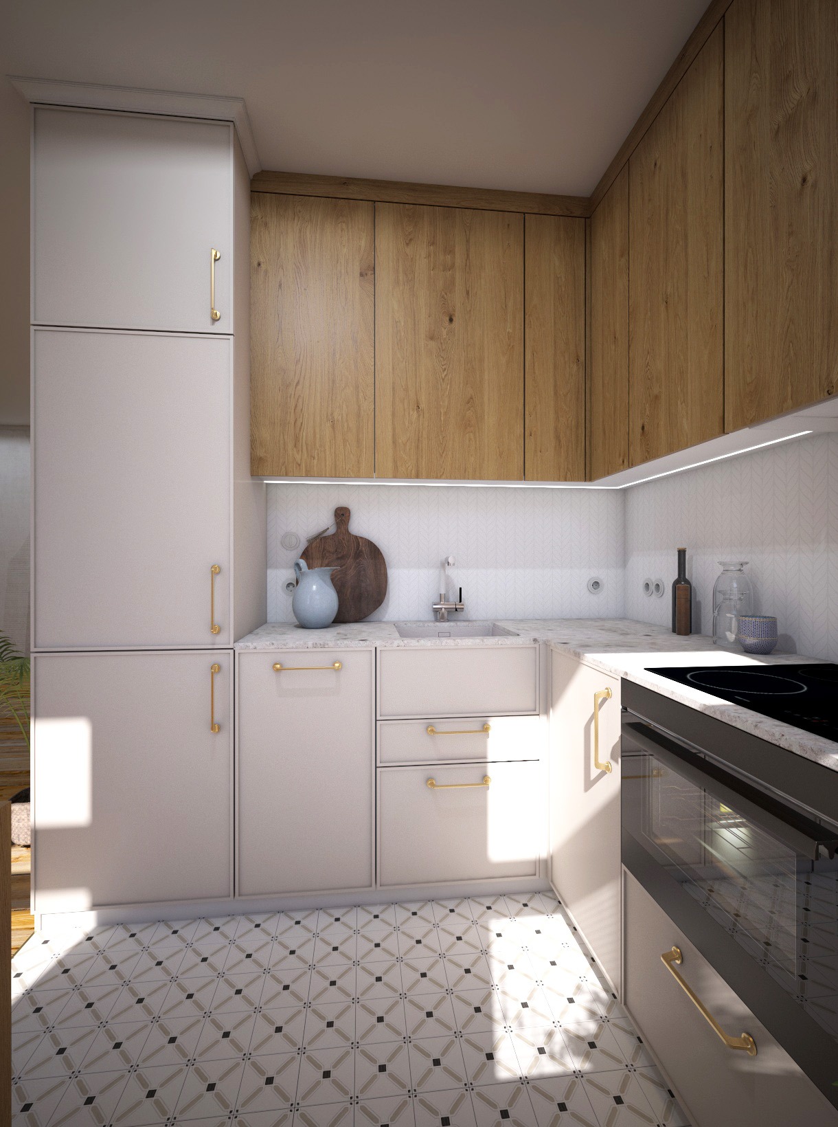 Wizualizacja kuchni z beżowymi frontami szafek, drewnianymi szafkami górnymi, wzorzystą podłogą i złotymi uchwytami, oświetlona listwą LED pod szafkami wiszącymi.