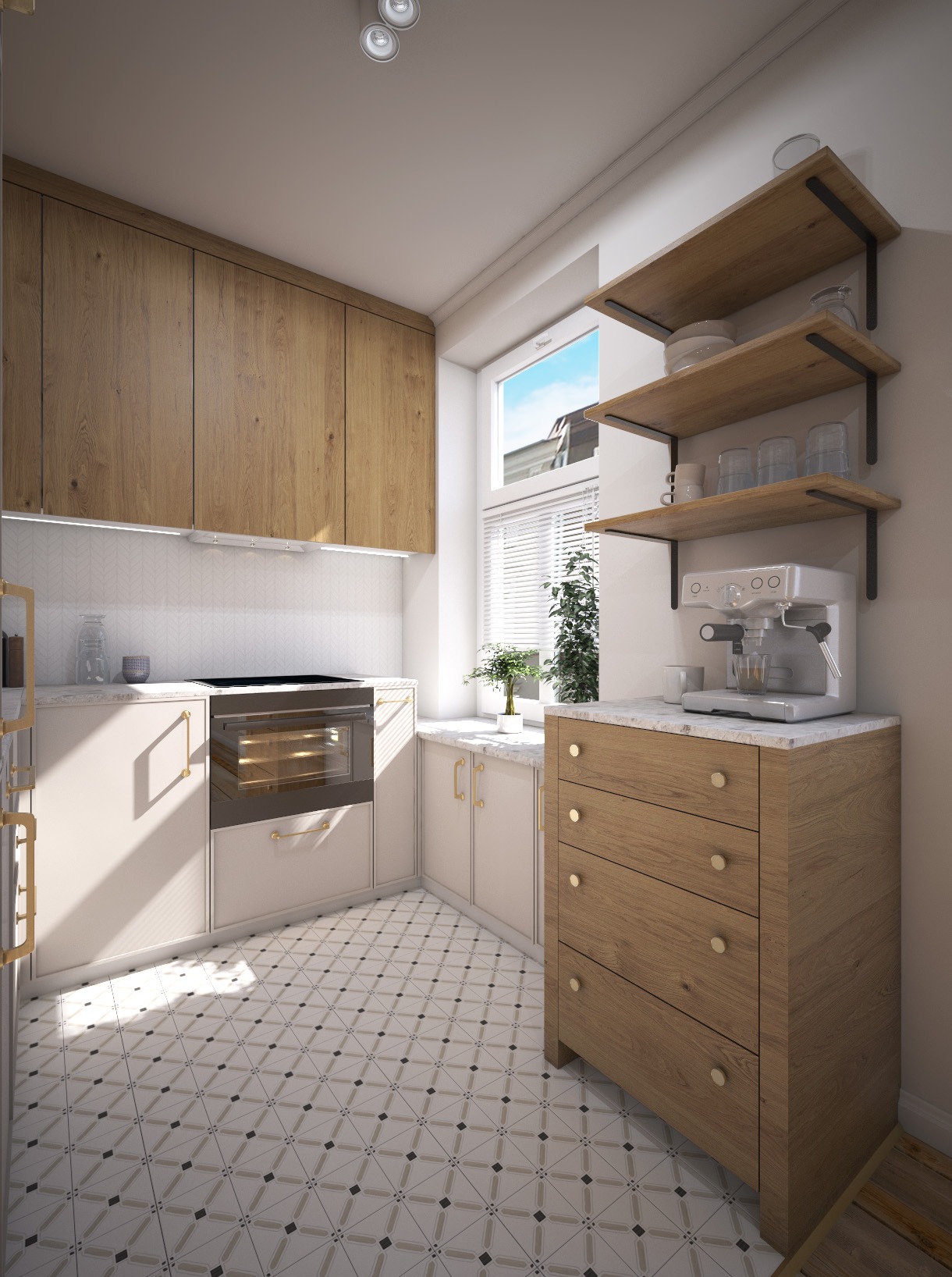 Jasna kuchnia z drewnianymi szafkami górnymi, białymi dolnymi, wzorzystą podłogą, półkami z akcesoriami, ekspresem do kawy na komodzie i piekarnikiem z włączonym oświetleniem wnętrza.