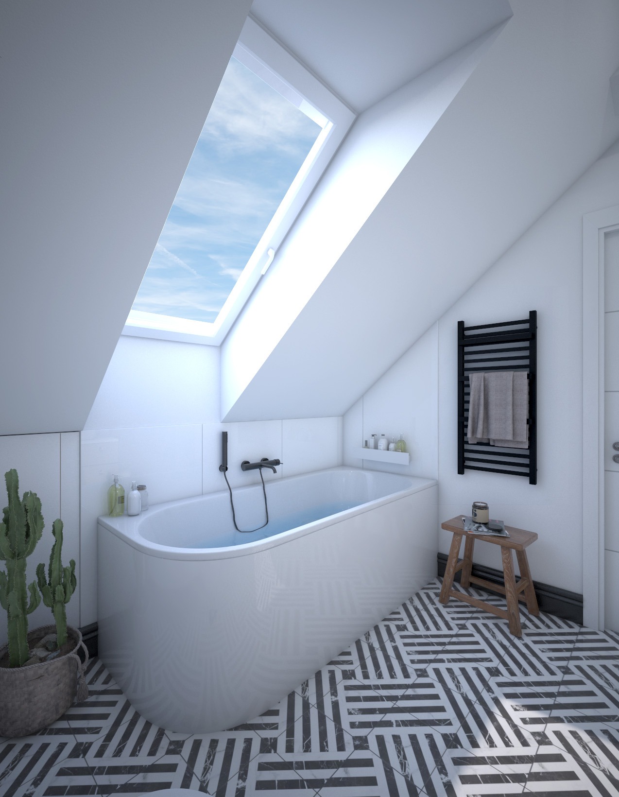 Biała wanna pod skosem dachu z oknem, czarno-biała podłoga w geometryczny wzór, drewniany stołek z kosmetykami, grzejnik drabinkowy z ręcznikiem
