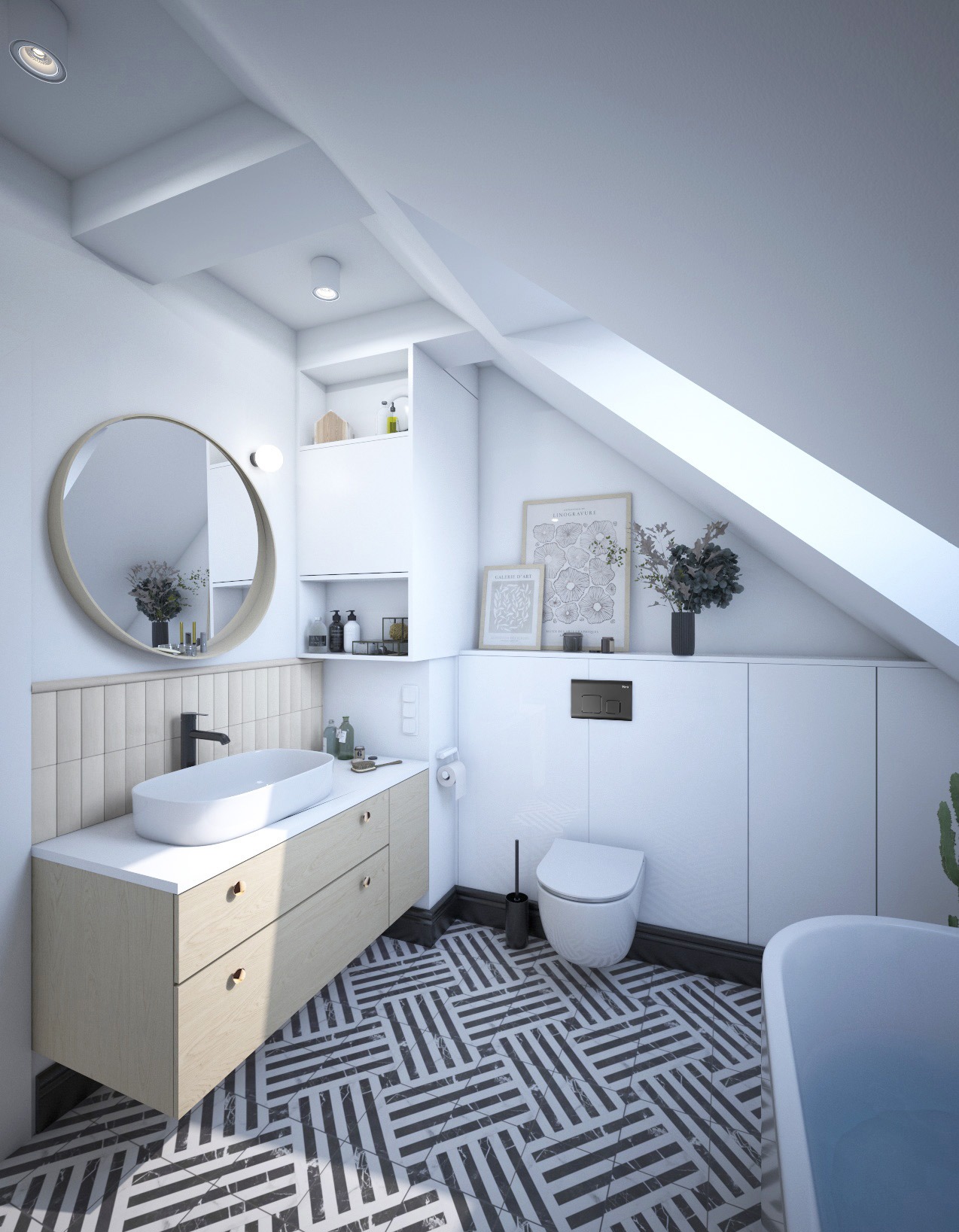 Jasna łazienka na poddaszu z wzorzystą podłogą, owalną umywalką na szafce z jasnego drewna, okrągłym lustrem i zabudowaną toaletą.