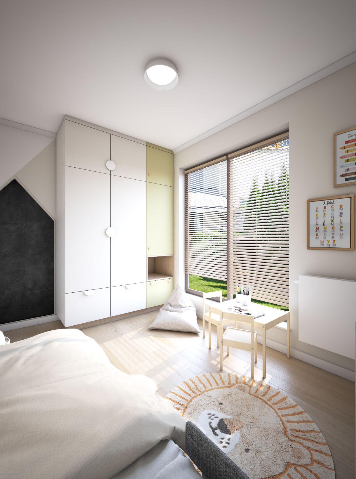 Wizualizacja pokoju dziecięcego w Gdyni z białymi meblami, okrągłym dywanem ze lwem, stolikiem z krzesłami przy oknie i ścianą z tablicą kredową.