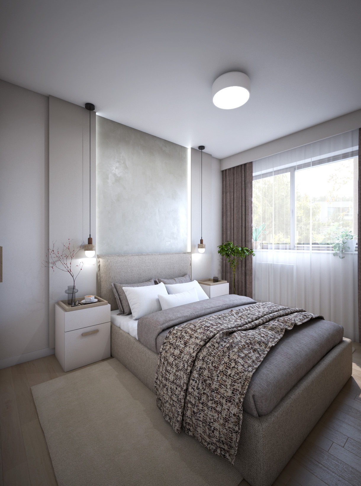 Neutralna sypialnia z łóżkiem w szarej ramie, białymi poduszkami, wzorzystym pledem, betonową ścianą za wezgłowiem, wiszącymi lampami po bokach łóżka, dywanem i roślinami w doniczkach przy oknie.