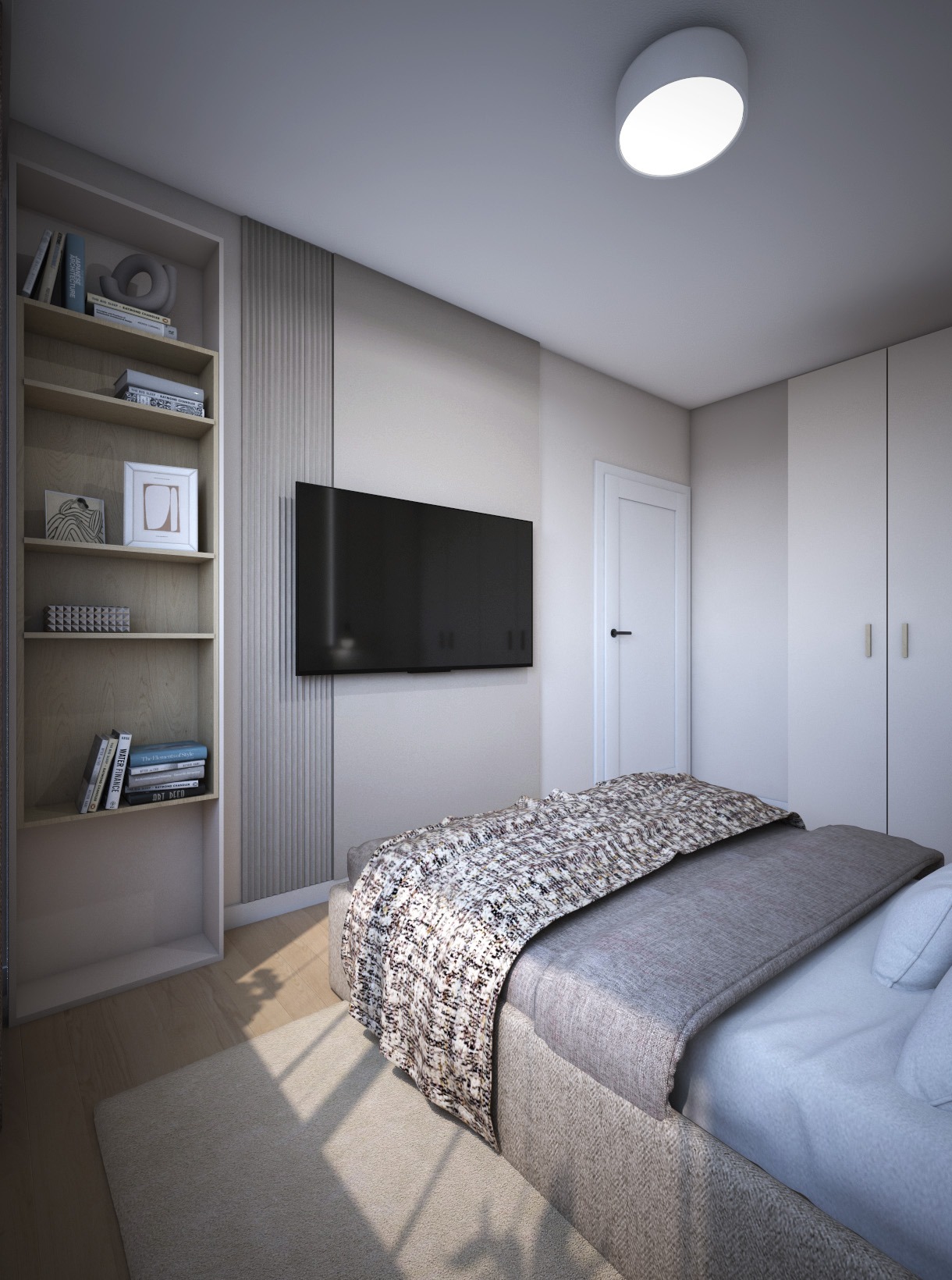 Nowoczesna sypialnia z łóżkiem, telewizorem na ścianie, regałem z książkami i dywanem w neutralnych barwach, oświetlona okrągłą lampą sufitową.