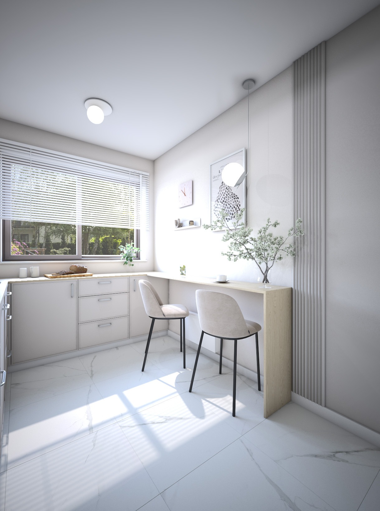 Jasna kuchnia z blatem barowym, dwoma krzesłami z beżową tapicerką, kwiatami w wazonie, minimalistycznym oświetleniem i marmurową podłogą.