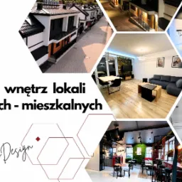 Kolaż zdjęć prezentujący realizacje wnętrz: osiedle dom&oacute;w szeregowych, wnętrze lokalu usługowego z ladą i zieloną ścianą, pok&oacute;j dzienny z sofą, łazienka z wanną narożną, korytarz z oświetleniem.