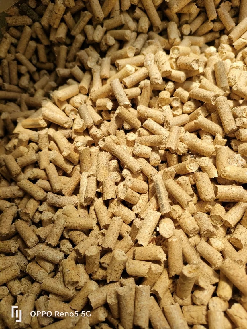 Beżowe granulki pelletu drzewnego, o cylindrycznym kształcie, wypełniające kadr, z delikatnym cieniem w górnej części.