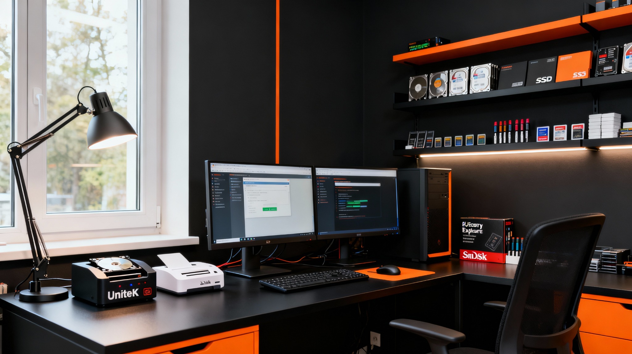 Biuro z dwoma monitorami, na których uruchomione jest oprogramowanie do odzyskiwania danych. Na biurku leżą dyski i karty pamięci. W tle półki z dyskami i nośnikami danych.