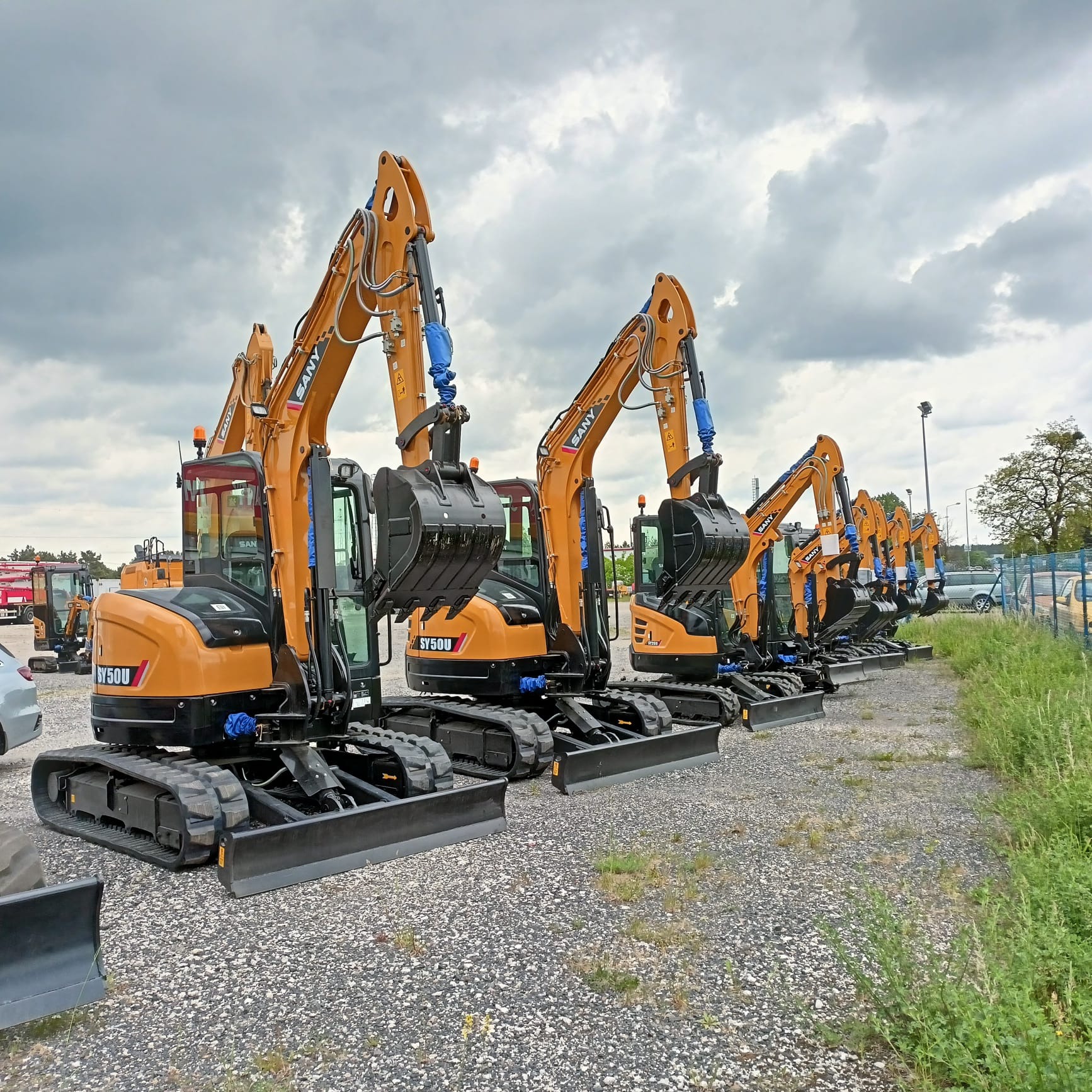 Rząd pomarańczowych minikoparek SANY SY50U ustawionych na żwirowym placu pod pochmurnym niebem, z widocznym napisem 'SY50U' na boku każdej maszyny.