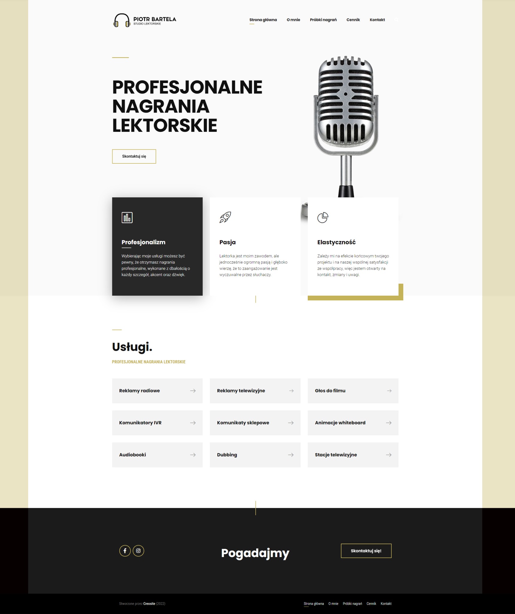 Strona internetowa studia lektorskiego z nagłówkiem 'Profesjonalne nagrania lektorskie' i ilustracją mikrofonu retro.