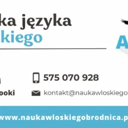 Grafika reklamowa szkoły językowej AIRO z Brodnic, oferującej lekcje, kursy, e-booki i audiobooki do nauki języka włoskiego; kontakt telefoniczny i mailowy na białym tle.