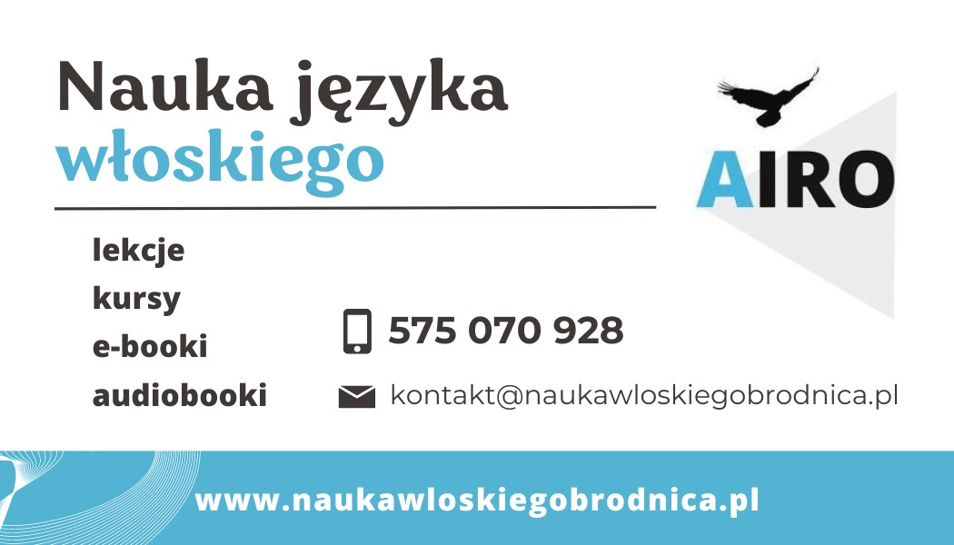 Grafika reklamowa szkoły językowej AIRO z Brodnic, oferującej lekcje, kursy, e-booki i audiobooki do nauki języka włoskiego; kontakt telefoniczny i mailowy na białym tle.