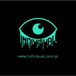 Turkusowe logo firmy 'Indivisual' przedstawiające oko z łzami stylizowanymi na litery, na czarnym tle. Adres strony internetowej www.indivisual.com.pl pod logotypem.