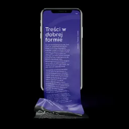 Ekran smartfona prezentujący tekst 'Treści w dobrej formie' oraz opis firmy MediateQa, z widocznymi ikonami medi&oacute;w społecznościowych Instagram, Facebook i Linkedin po prawej stronie, całość...