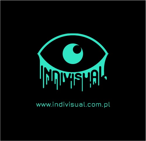 Turkusowe logo firmy 'Indivisual' przedstawiające oko z łzami stylizowanymi na litery, na czarnym tle. Adres strony internetowej www.indivisual.com.pl pod logotypem.