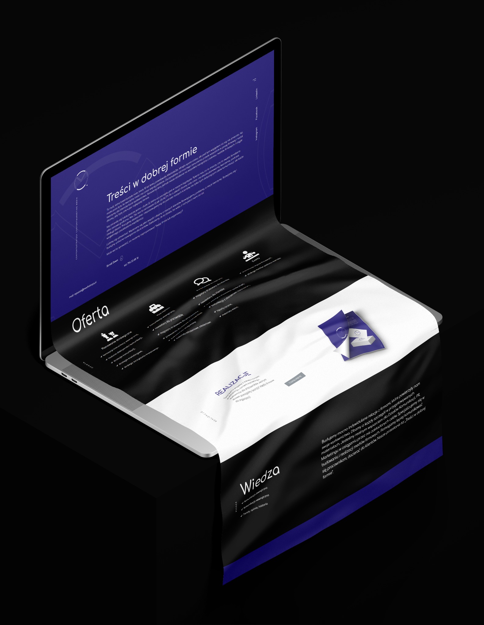 Wyświetlony na laptopie interaktywny projekt strony internetowej z ofertą i realizacjami agencji marketingowej, z widocznymi elementami graficznymi i tekstowymi dotyczącymi treści w firmie.