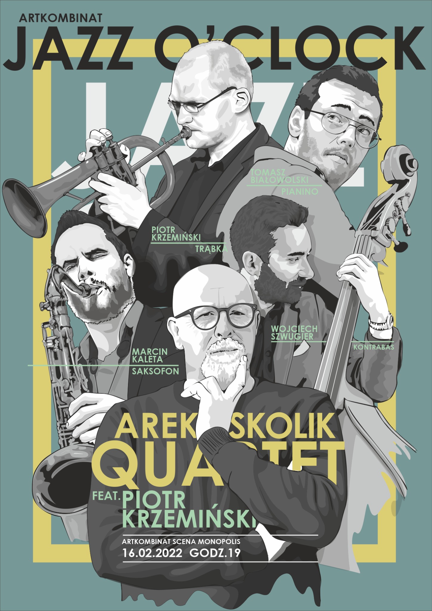 Ilustracja graficzna przedstawiająca zespół jazzowy Artkombinat Jazz O'Clock z członkami grającymi na trąbce, saksofonie, kontrabasie i pianinie, z informacją o koncercie 16.02.2022.