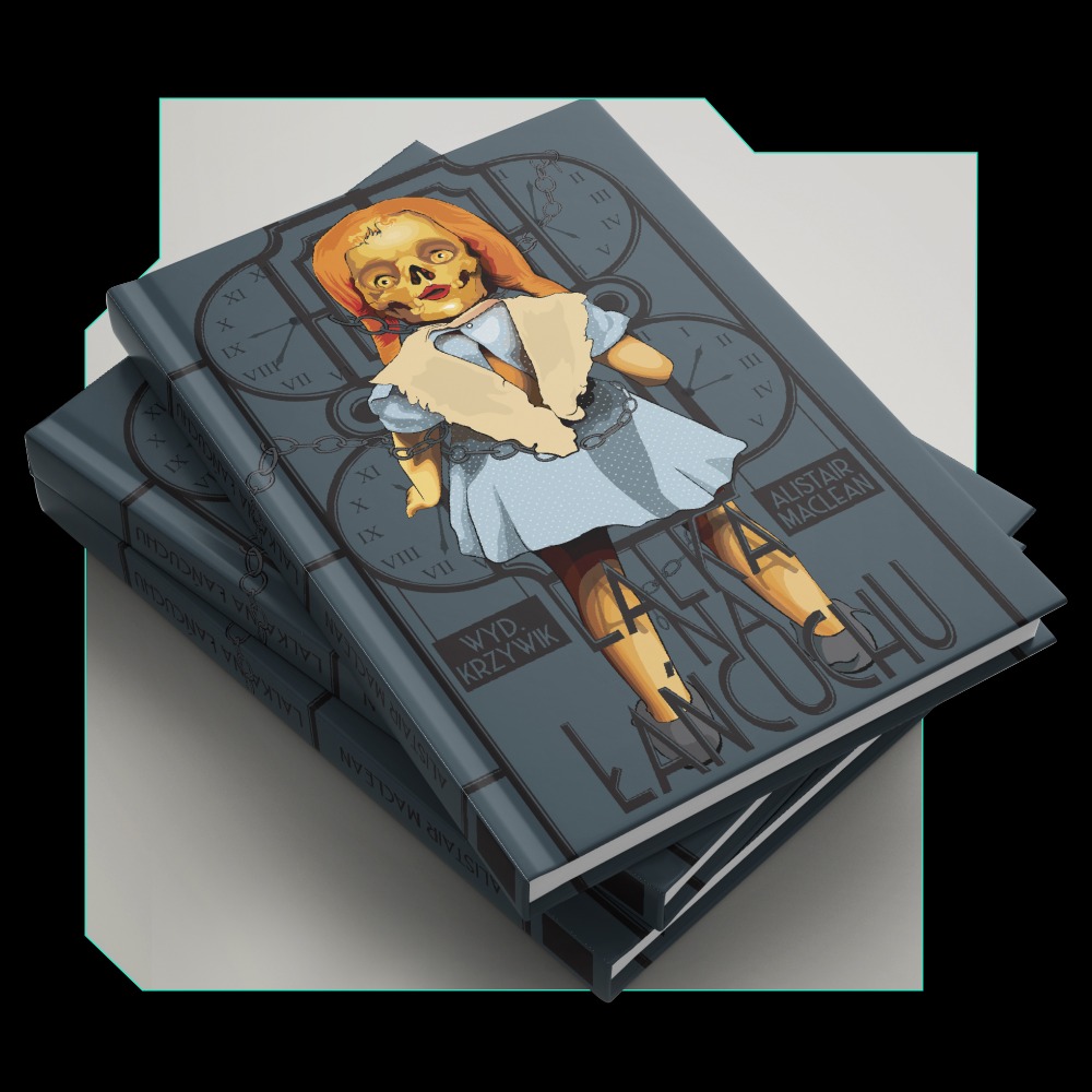 Stos trzech książek z ilustracją lalki o upiornym wyglądzie na okładce, stylizowaną na starą, z elementami zegara i łańcucha.