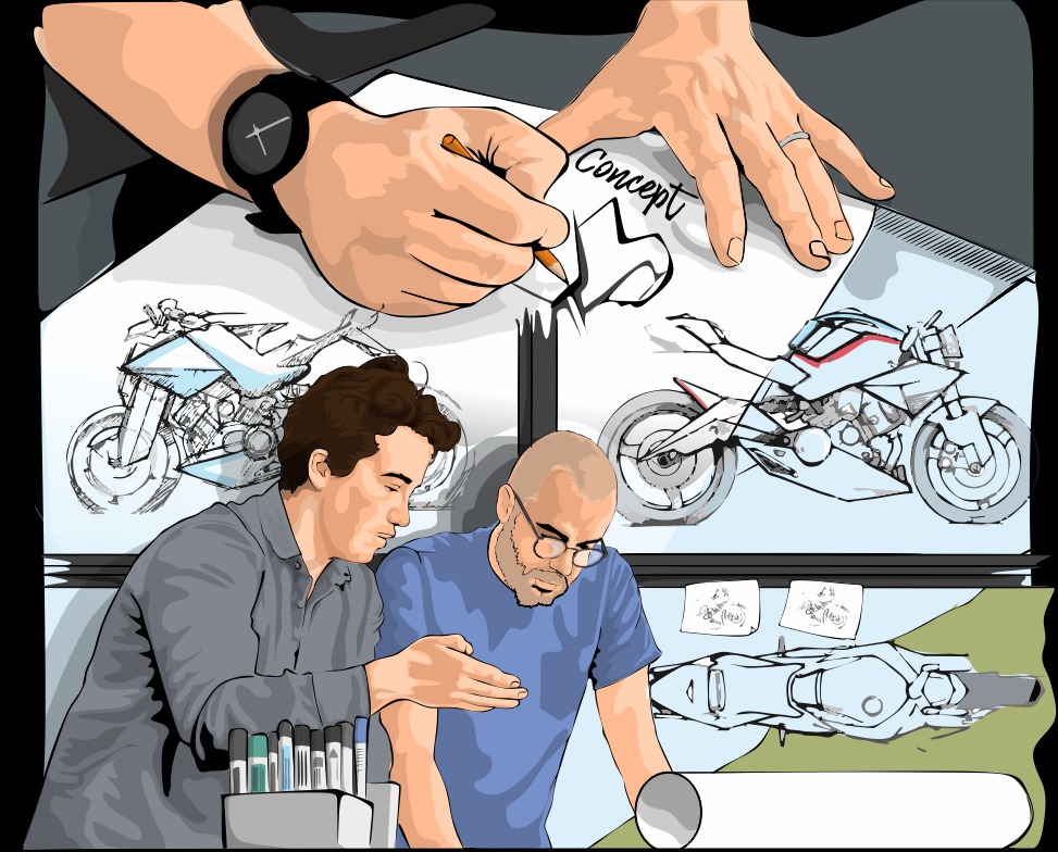 Ilustracja przedstawia dwóch mężczyzn analizujących koncepcję motocykla naszkicowaną na papierze, z dłonią rysującą detale i szkicami na ścianie w tle.