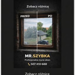 Adrian Filipczyk - Okno podzielone na pół: 'przed' - brudne, 'po' - czyste, z widokiem na dom i auto. Reklama firmy 'MR.SZYBKA' oferującej profesjonalne mycie okien. Efekt 'przed i po'.