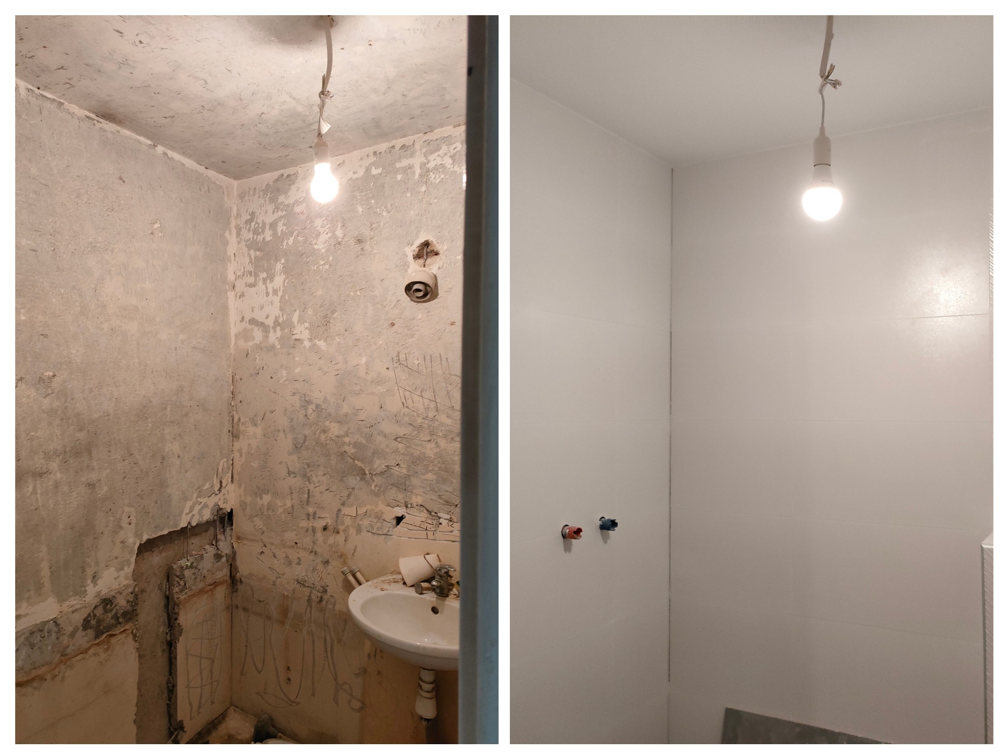 Fotografia przedstawia porównanie stanu łazienki przed i po remoncie. Po lewej stronie widoczne są zniszczone, surowe ściany z odpadającym tynkiem, odsłoniętymi instalacjami i brudną umywalką. Po...