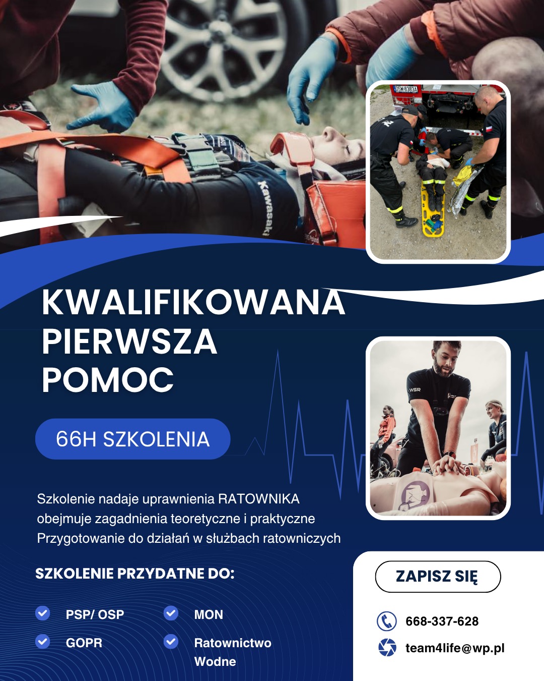 Grafika reklamowa kursu kwalifikowanej pierwszej pomocy: ćwiczenia z manekinem, symulacja akcji ratunkowej z użyciem deski ortopedycznej i ambulansu.