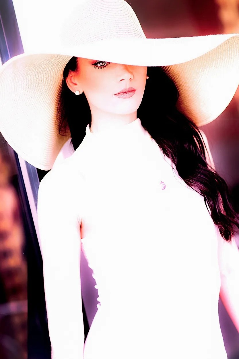 Portret kobiety w białej sukience i kapeluszu o szerokim rondzie, z delikatnym makijażem i subtelną biżuterią z pereł.