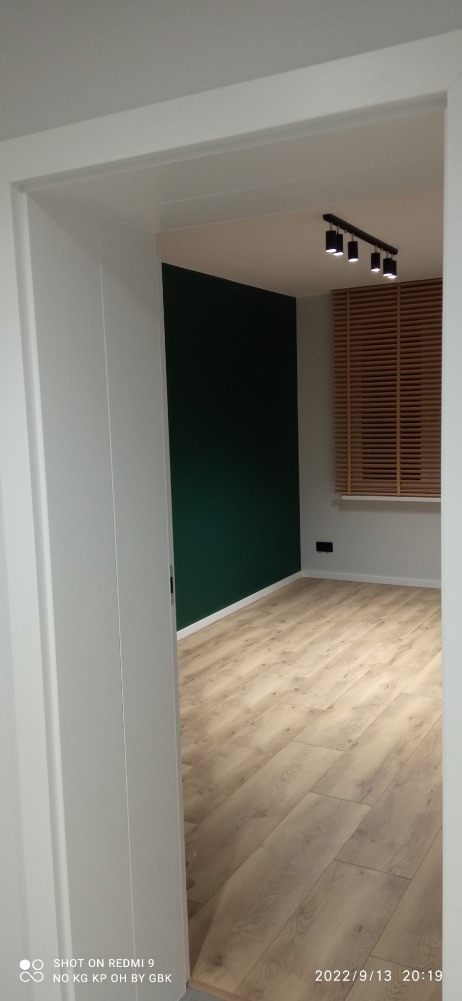 Widok na wykończone wnętrze pokoju z panelami podłogowymi, ciemnozieloną ścianą i drewnianymi żaluzjami, oświetlone reflektorami na szynie.