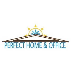 Logo firmy z napisem 'Perfect Home & Office', nad którym znajduje się stylizowany rysunek dachu, słońca i płatka śniegu.