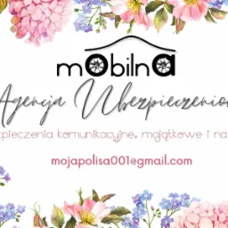 Logo firmy 'Mobilna Agencja Ubezpieczeniowa' z adresem email, otoczone akwarelowymi kwiatami w odcieniach różu i fioletu.