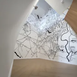 Ściana w pokoju z ręcznie malowaną czarno-białą mapą miasta, widoczny fragment drewnianej podłogi i sufit z wystającym kablem elektrycznym.