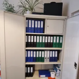 Otwarta metalowa szafa biurowa wypełniona segregatorami z dokumentami, ułożonymi w rzędach, z roślinami doniczkowymi na górze.